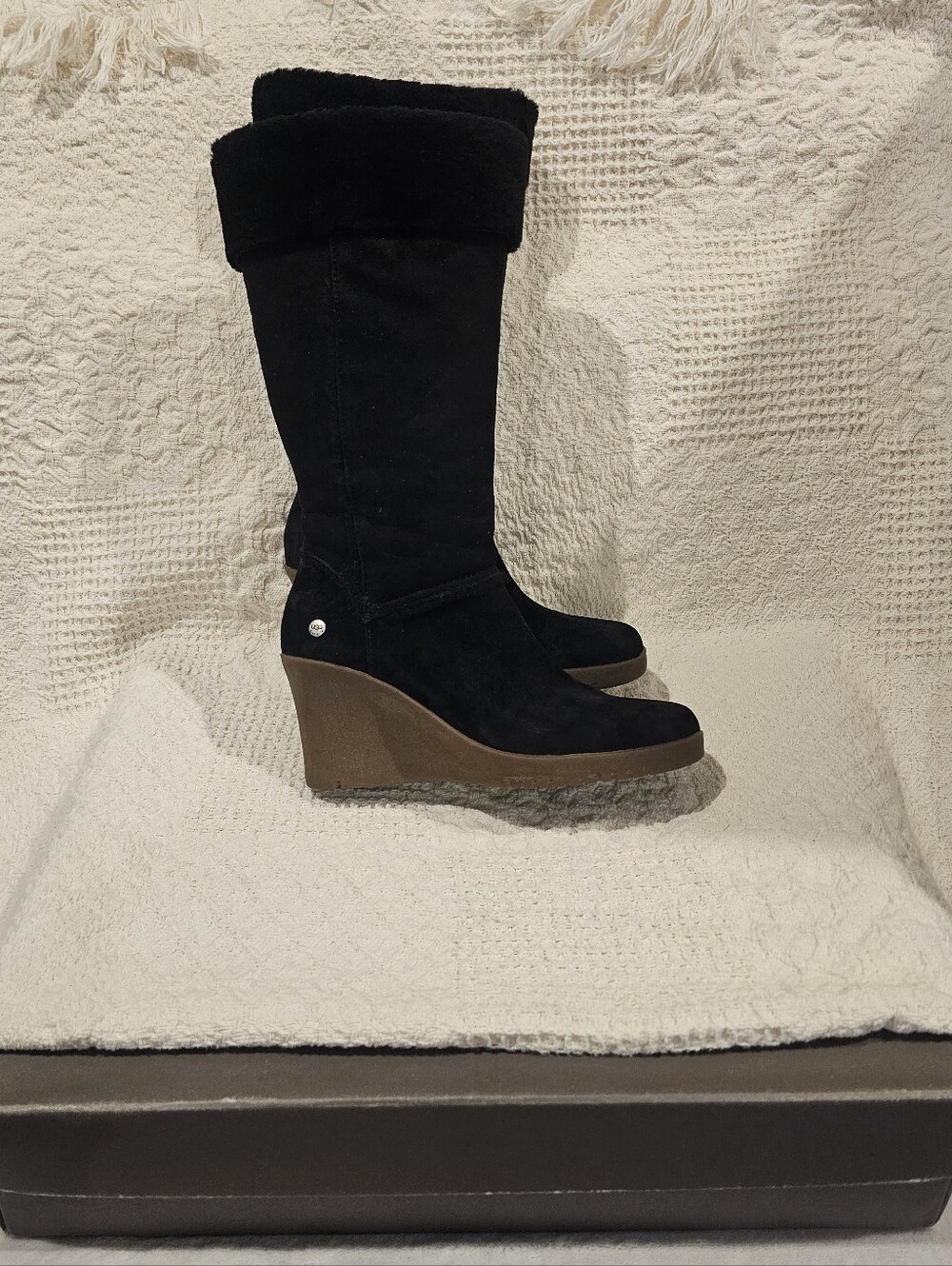 UGG Black Suede Wedge Knee Boots with Shearling Cuff